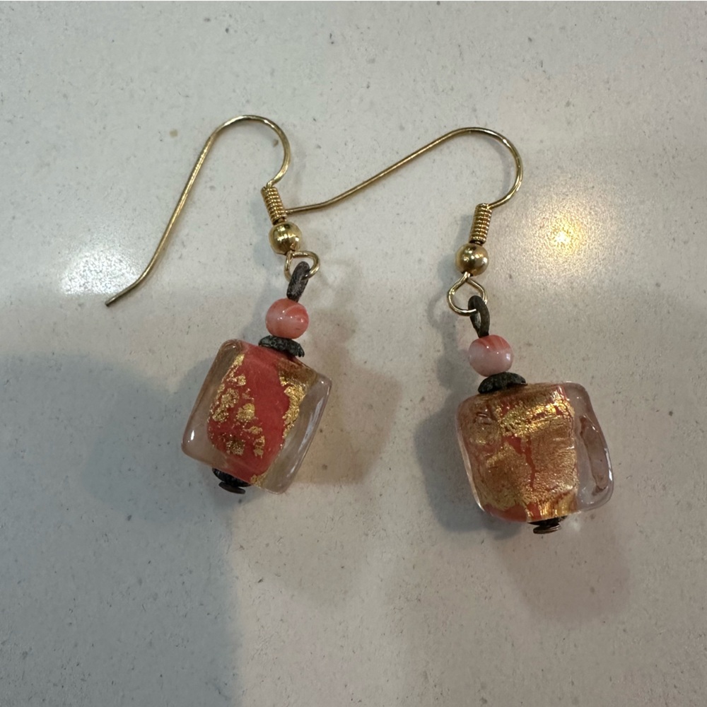 Pink and gold venetian murano glass earrings
